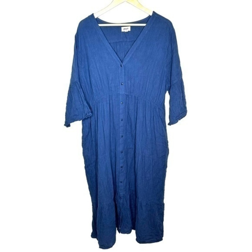 Pact Womens Blue Button Down Cotton Midi Dress Pockets Size XXL